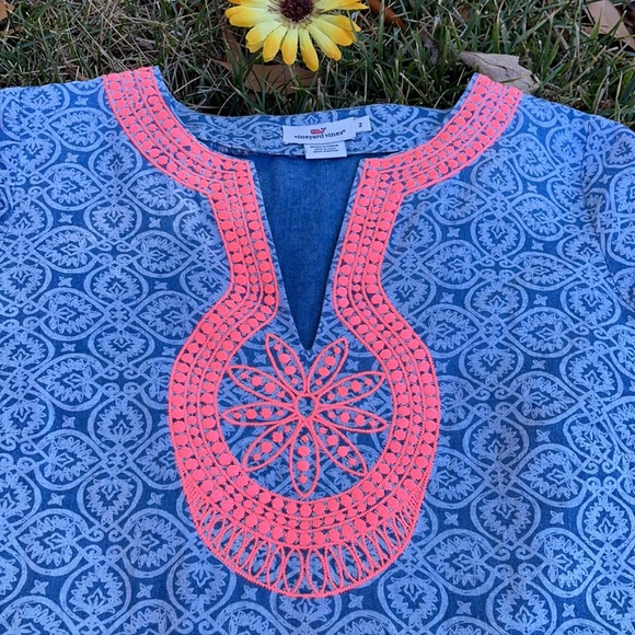 🐳 VINEYARD VINES; Pretty Chambray/Neon Orange Linen/Cotton Dress; Misses Size 2 - Picture 3 of 12